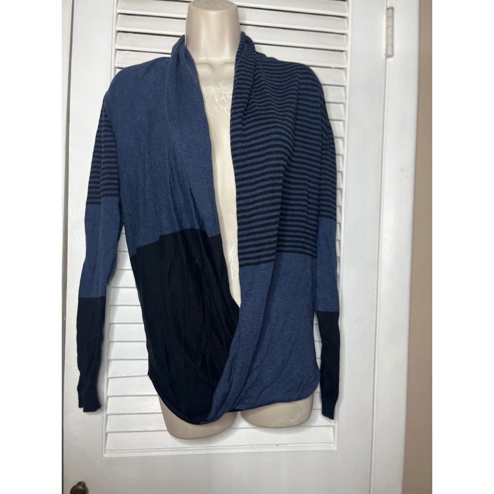 Max Studio Blue Black Striped Draped Open Front Long Sleeve Cardigan
